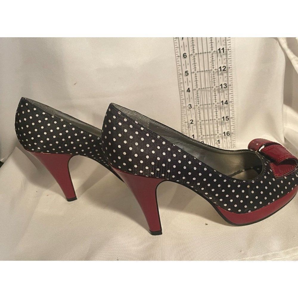 Madden Girl Kiarra‎ Womens Shoes Size 7.5 Black Red Polka Bow Peeptoe Stiletto - Picture 5 of 14